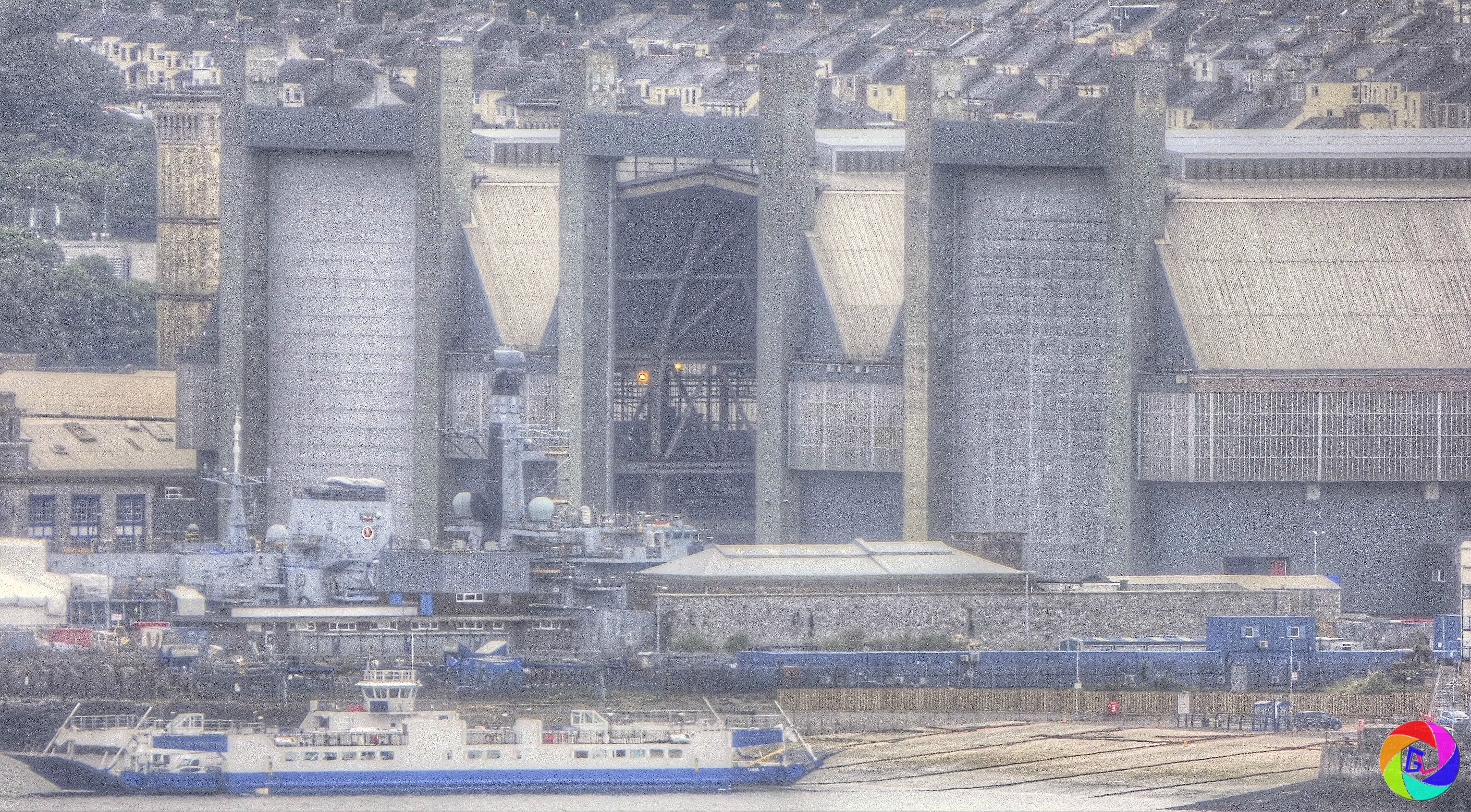 Large 'hanger' where frigates are repaired under cover. Torpoint ferry in foreground